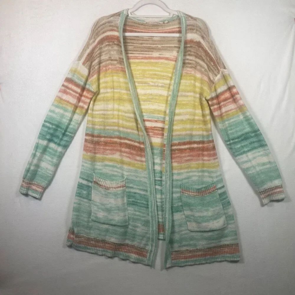 Soft Surroundings Juniper Aqua Multi Stripe Cardigan Women’s Medium Open Front